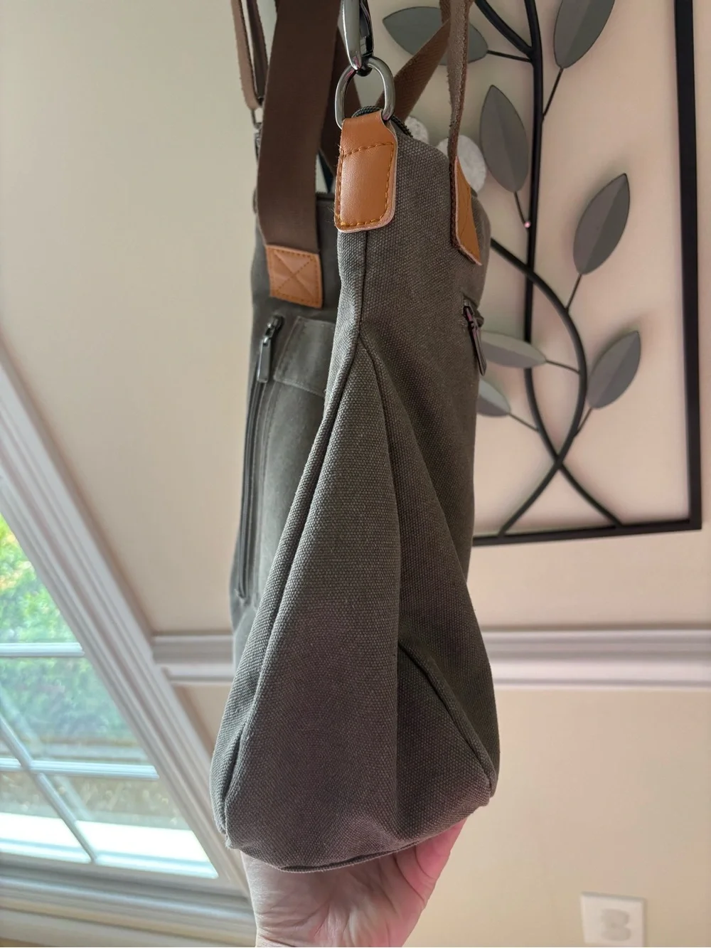 Canvas Tote Crossbody Bag in Gray with Brown Straps